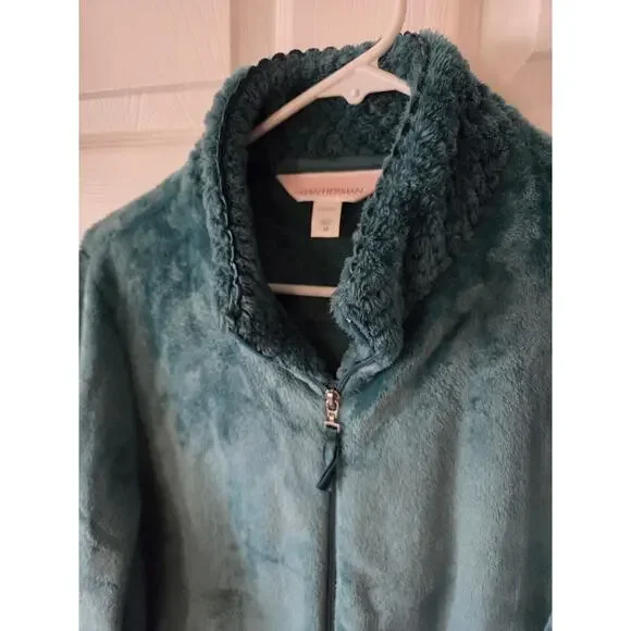 Stan Herman Medium Green Silky Shag Plush Tall Length Zip-Up Robe - Picture 5 of 7